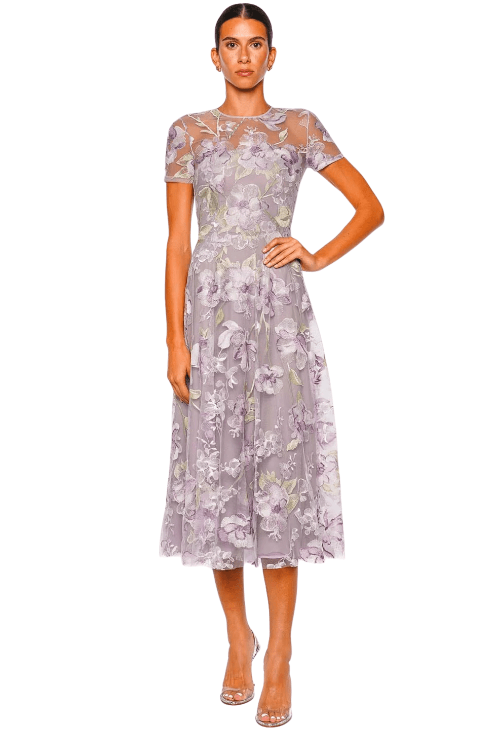 lilac grey dress Naeem Khan Lilac Floral Illusion Short Sleeve Cocktail Dress