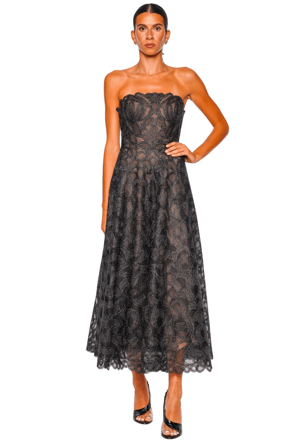 SIMKHAI Elvina Black Lace Strapless Bustier Midi Dress
