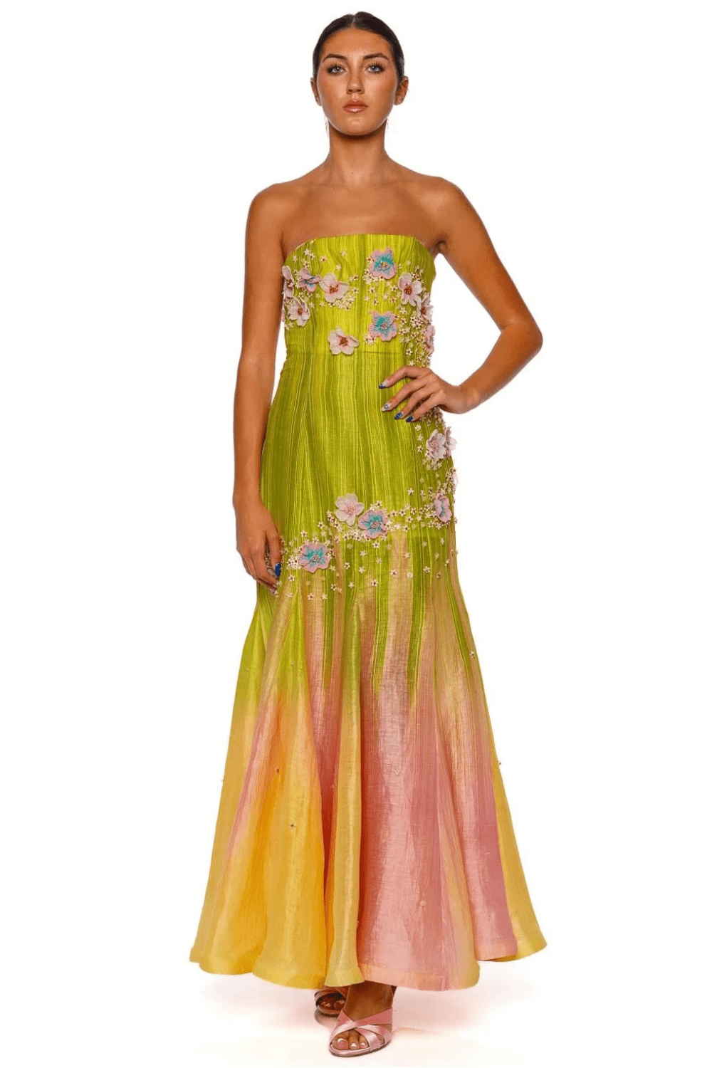 LA FUORI Sunset Glow Strapless Ombre Embroidered Gown