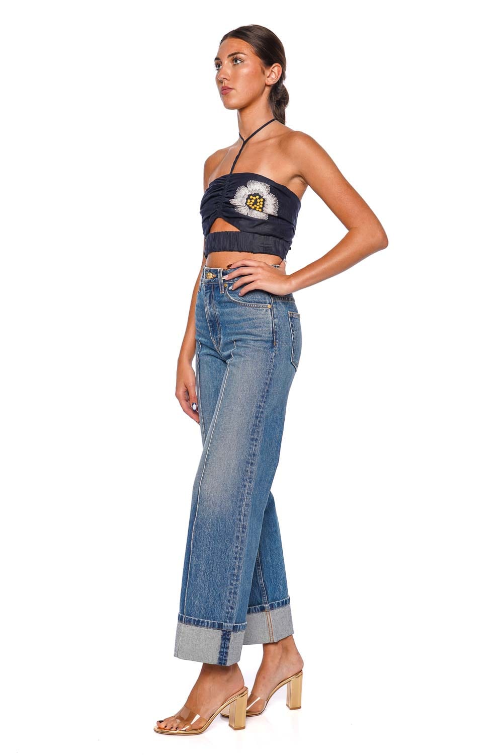 Silvia Tcherassi Arona Navy Embroidered Halterneck Crop Top