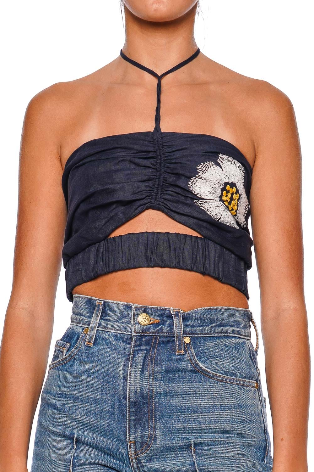Silvia Tcherassi Arona Navy Embroidered Halterneck Crop Top