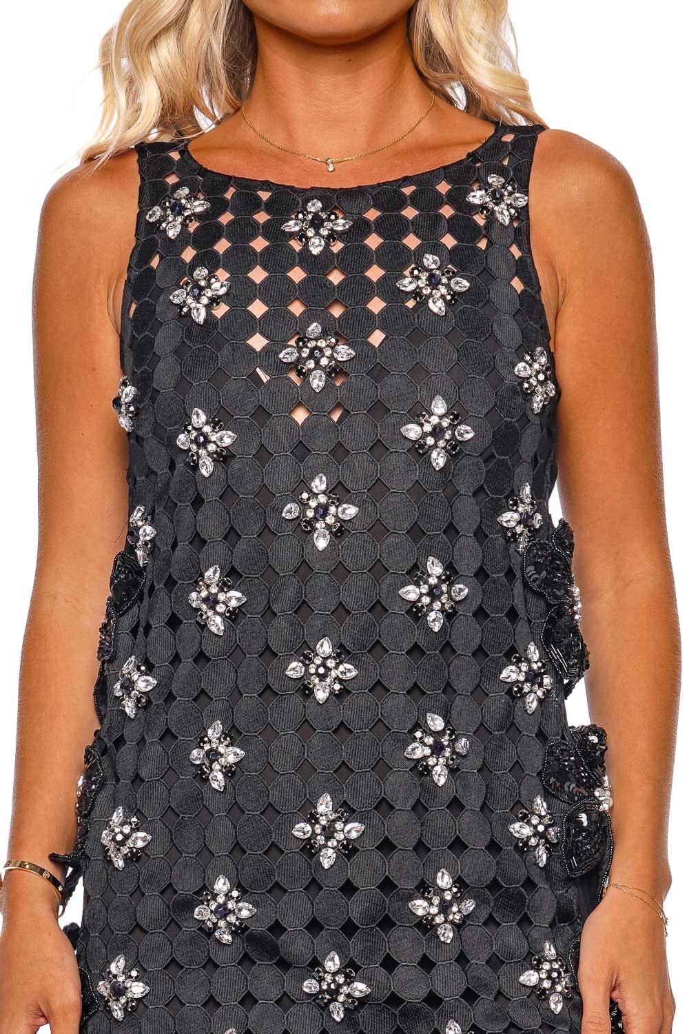 PatBO HAND BEADED EYELET MINI DRESS W/ FEATHER TRIM
