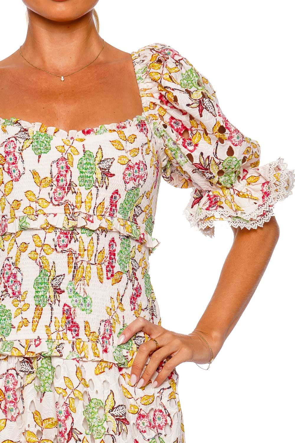 Hemant and Nandita Preet Floral Smocked Puff Sleeve Mini Dress