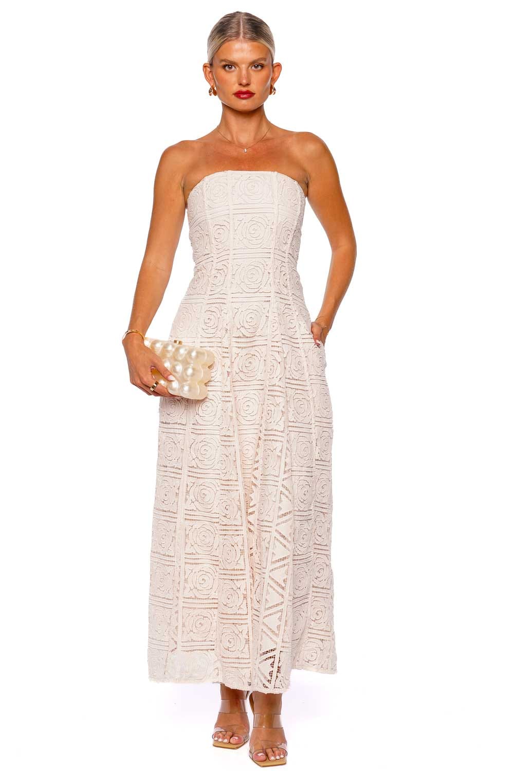 Cult Gaia Solia Strapless Floral Lace Midi Dress