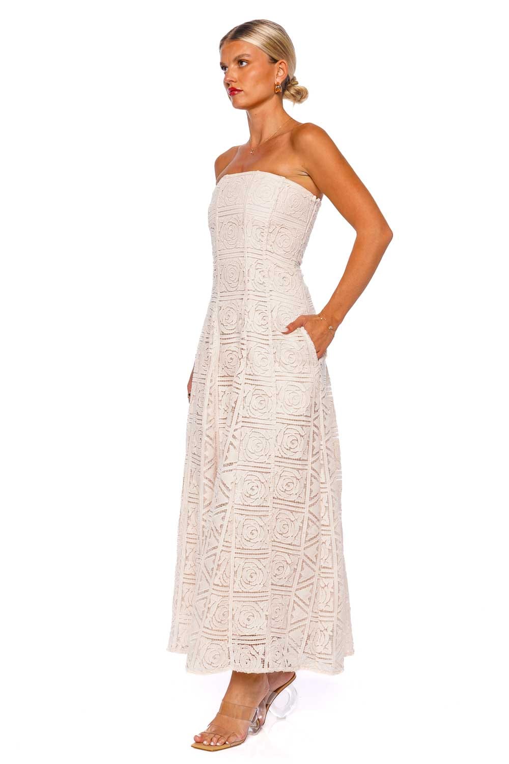 Cult Gaia Solia Strapless Floral Lace Midi Dress