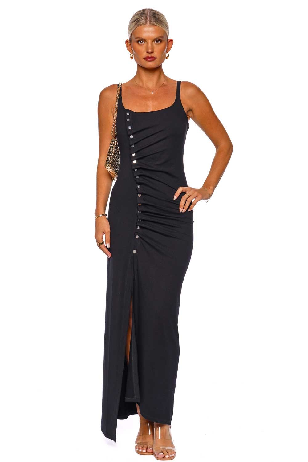 Paco Rabanne Black Asymmetrical Buttoned Maxi Dress