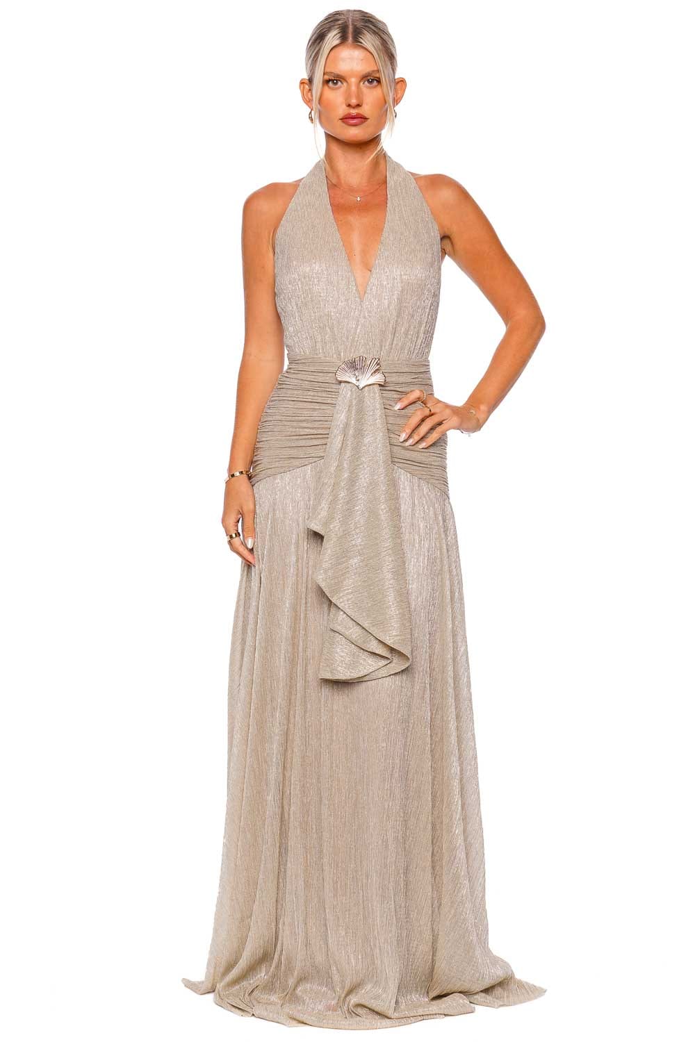 PatBO Champagne Lurex Draped Maxi Dress