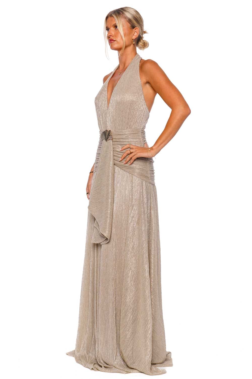 PatBO Champagne Lurex Draped Maxi Dress