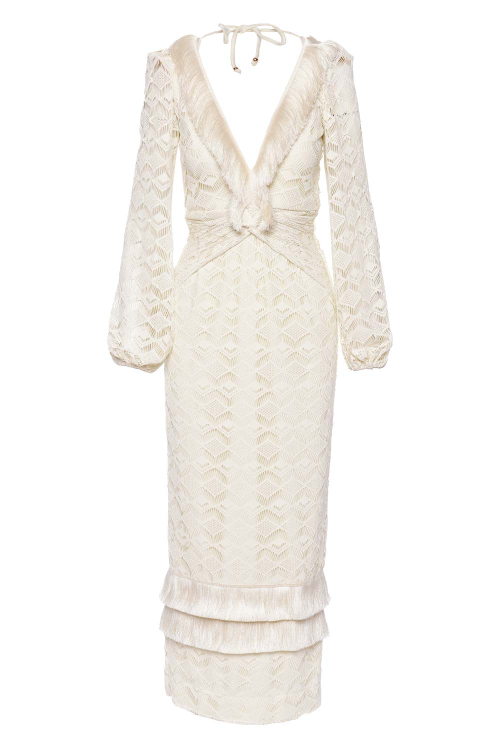 PatBO Crochet Plunge Fringe Trim Maxi Dress