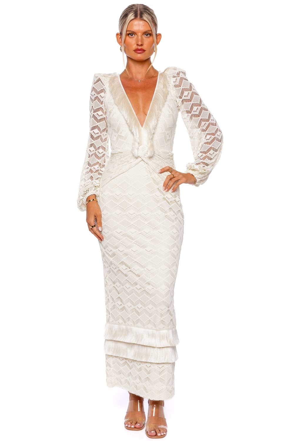 PatBO Crochet Plunge Fringe Trim Maxi Dress