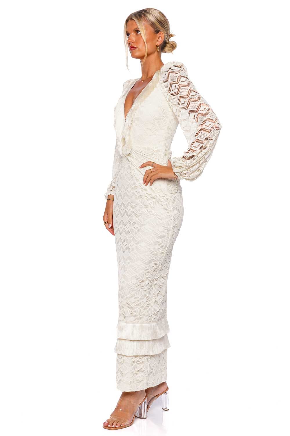 PatBO Crochet Plunge Fringe Trim Maxi Dress