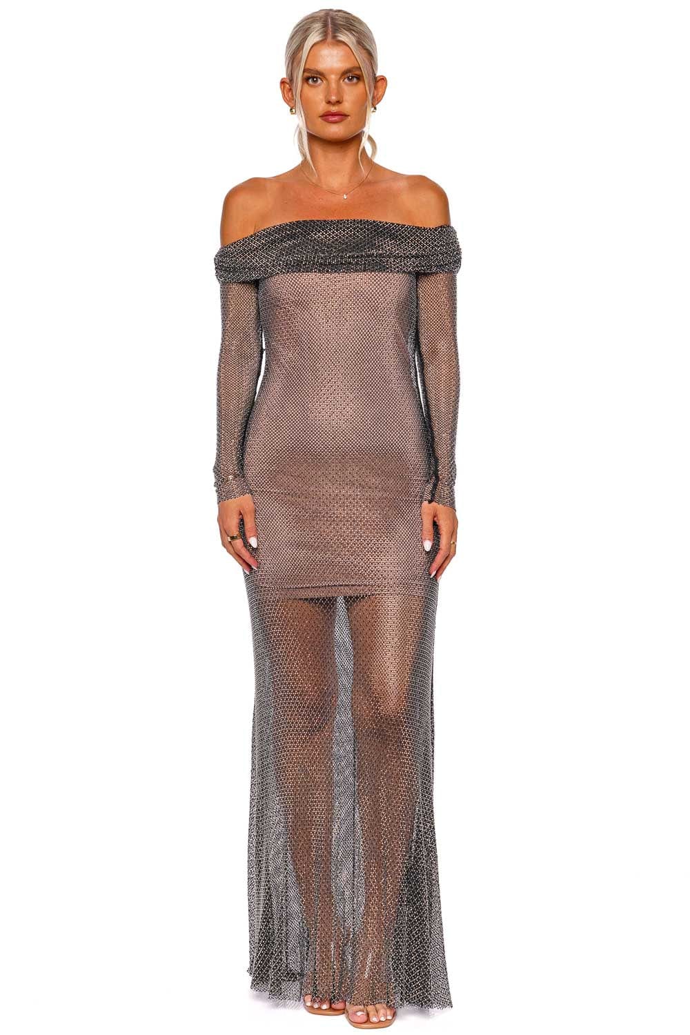 self-portrait Black Rhinestone Fishnet Maxi Dress