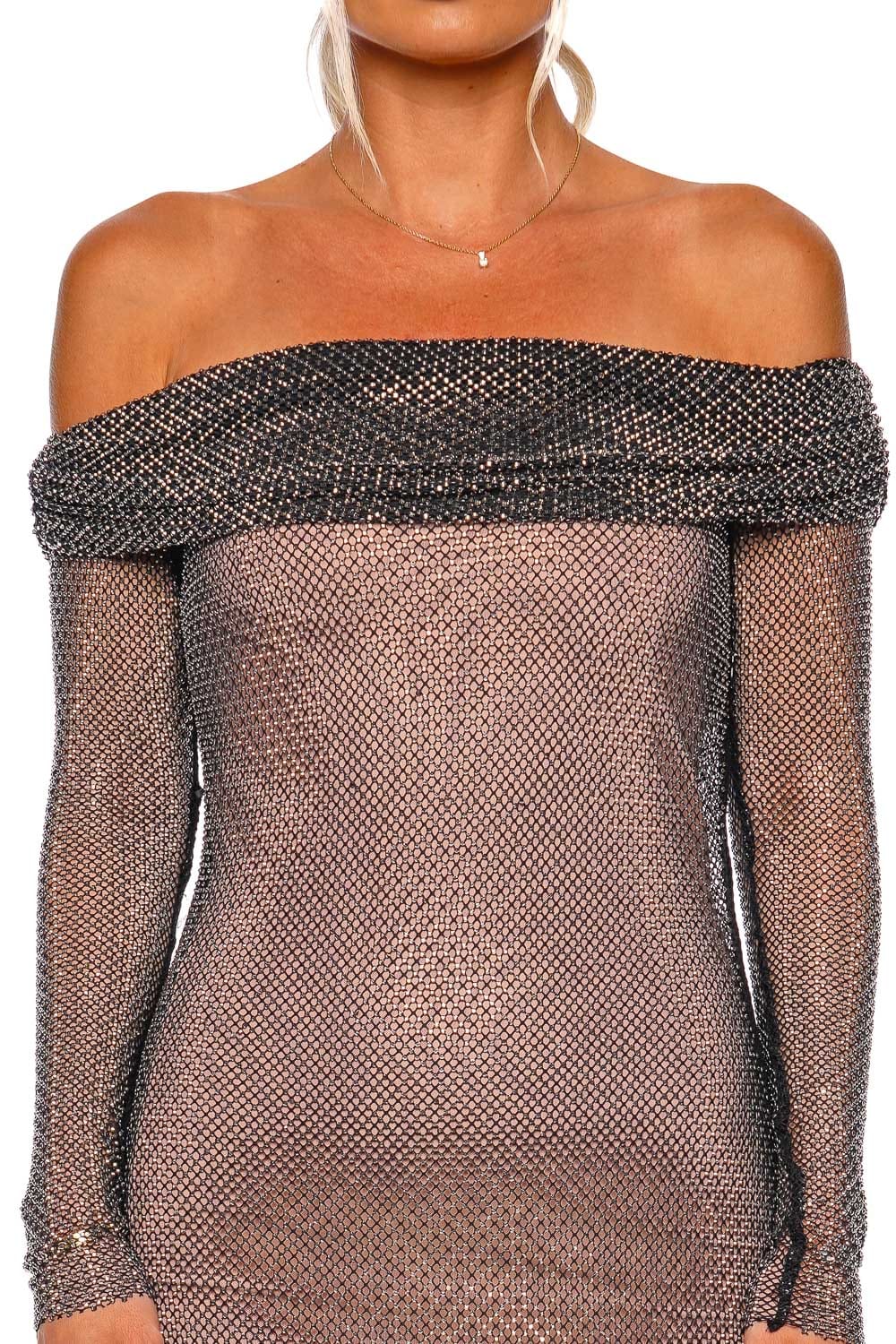 self-portrait Black Rhinestone Fishnet Maxi Dress