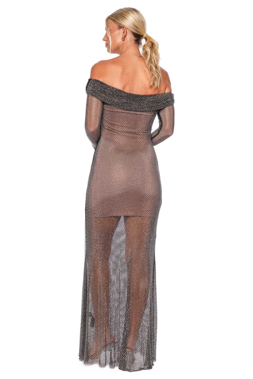 self-portrait Black Rhinestone Fishnet Maxi Dress