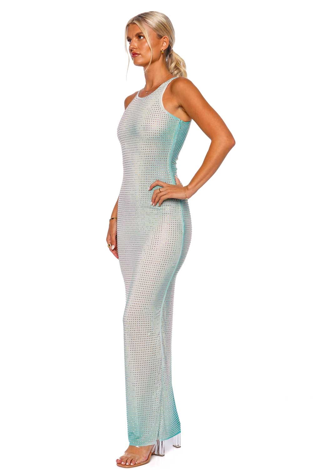 self-portrait Green Rhinestone Long Sleeve Maxi Dress