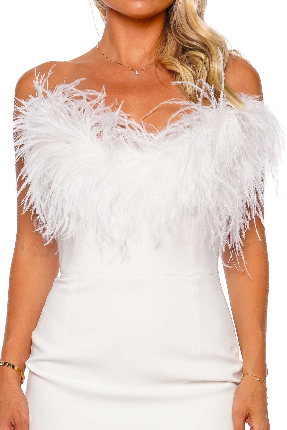 The New Arrivals by Ilkyaz Ozel Cynthia White Feathered Strapless Mini Dress