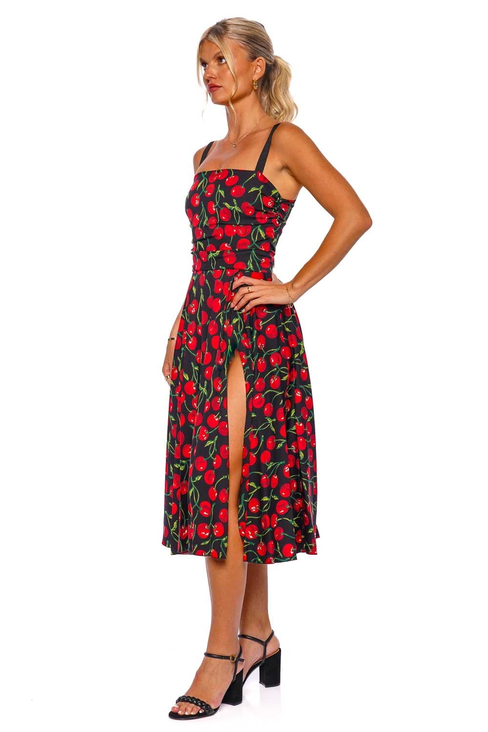 Dolce & Gabbana Cherry Charmeuse Ruched Midi Dress