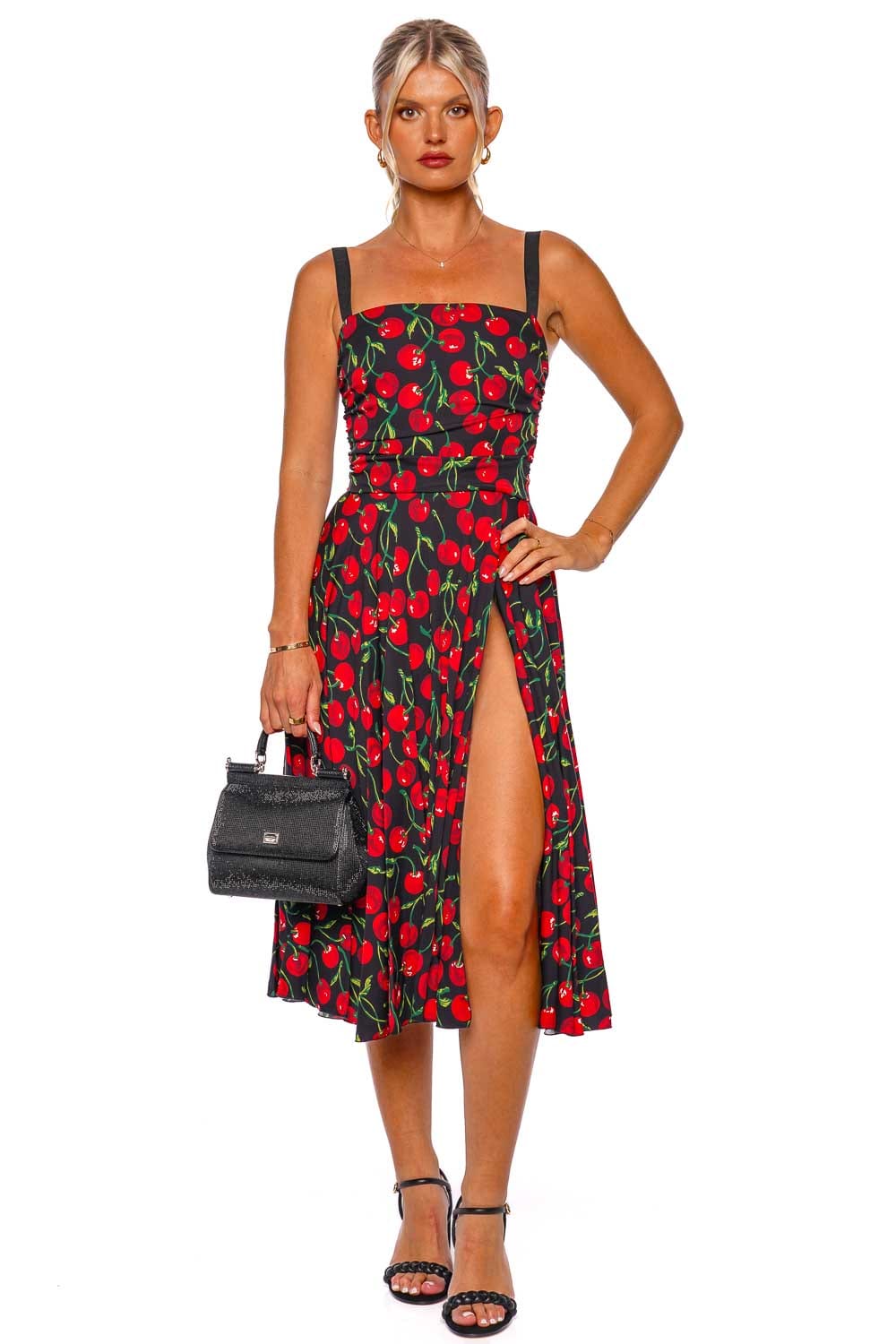 Dolce & Gabbana Cherry Charmeuse Ruched Midi Dress