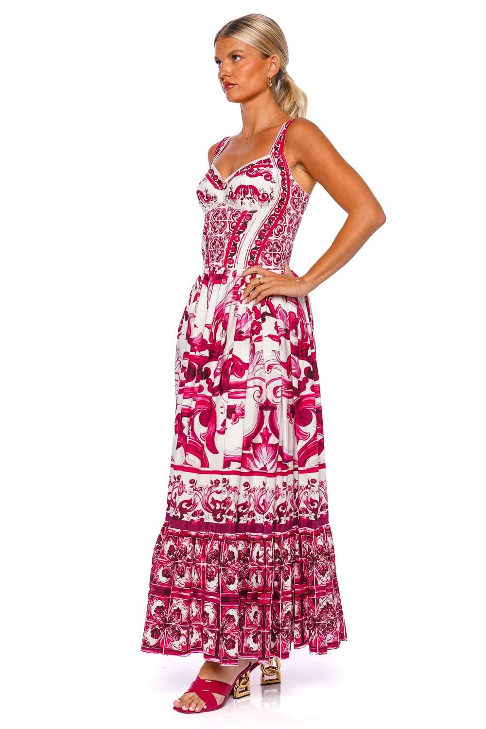 Dolce & Gabbana Tris Maioliche Bustier Fuchsia Maxi Dress