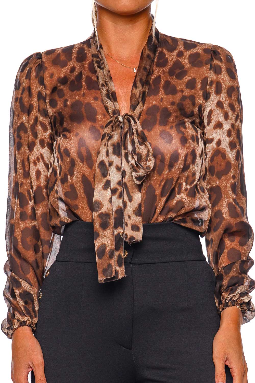 Dolce & Gabbana Leopard Print Pussy-Bow Silk Blouse