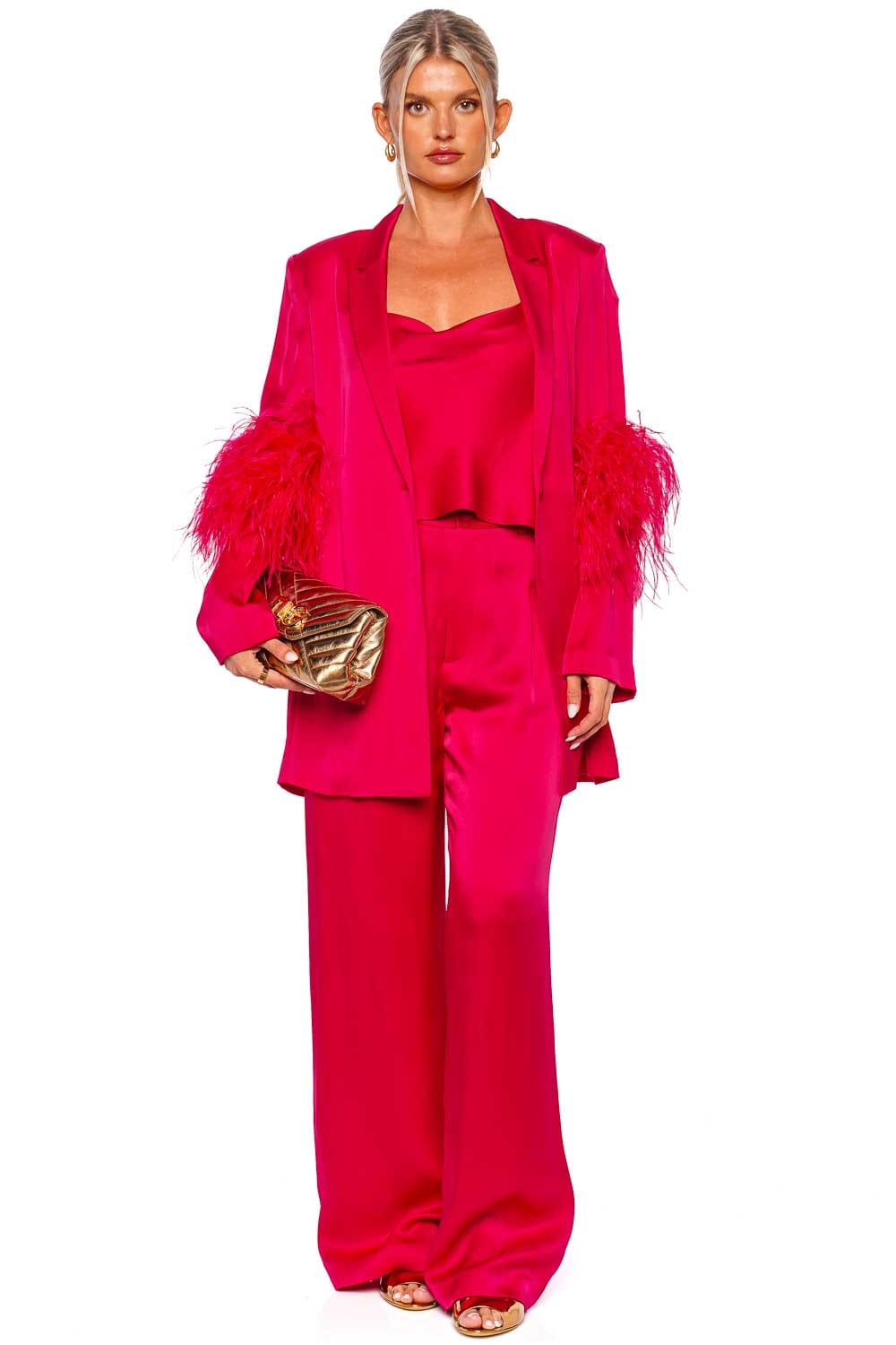 LAPOINTE Doubleface Satin Single Breasted Blazer W Ostrich R3234024AJA Cerise