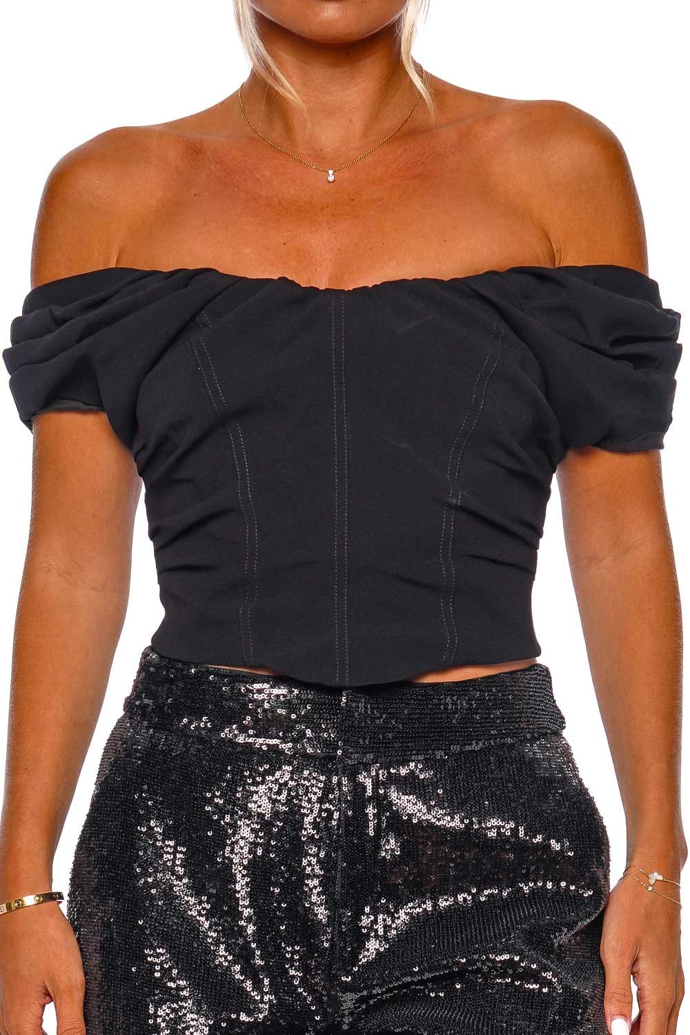 A.L.C. Nora Black Puff Sleeve Crop Top