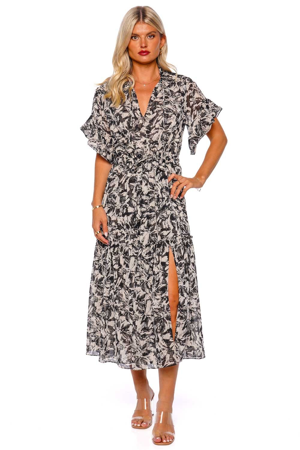 MISA LOS ANGELES Ranjana Printed Lurex Belted Midi Dress
