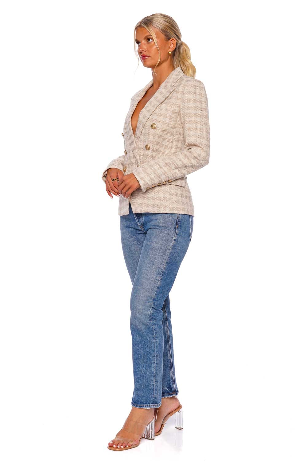 L'AGENCE Kenzie Ecru Double-Breasted Tweed Blazer