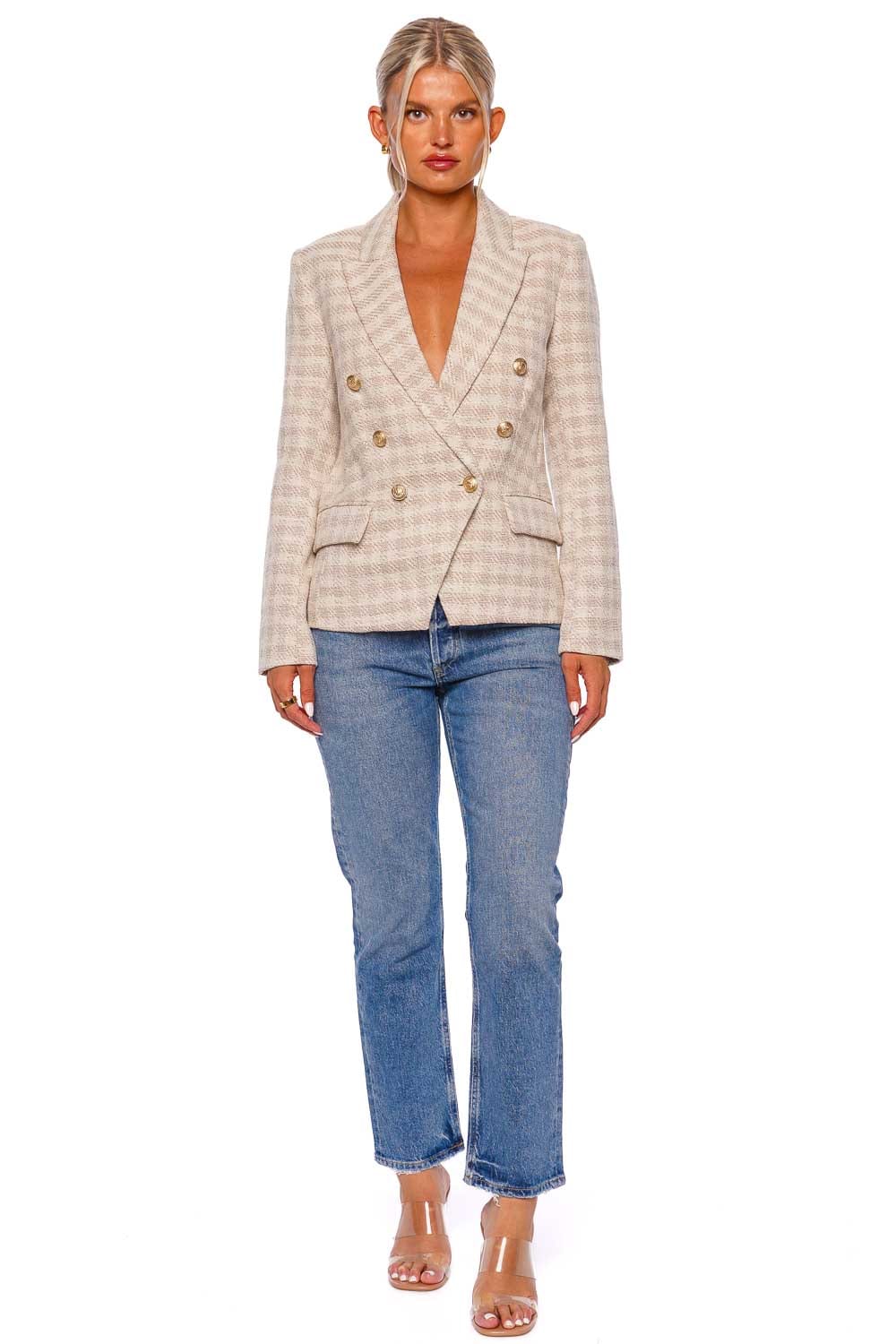 L'AGENCE Kenzie Ecru Double-Breasted Tweed Blazer