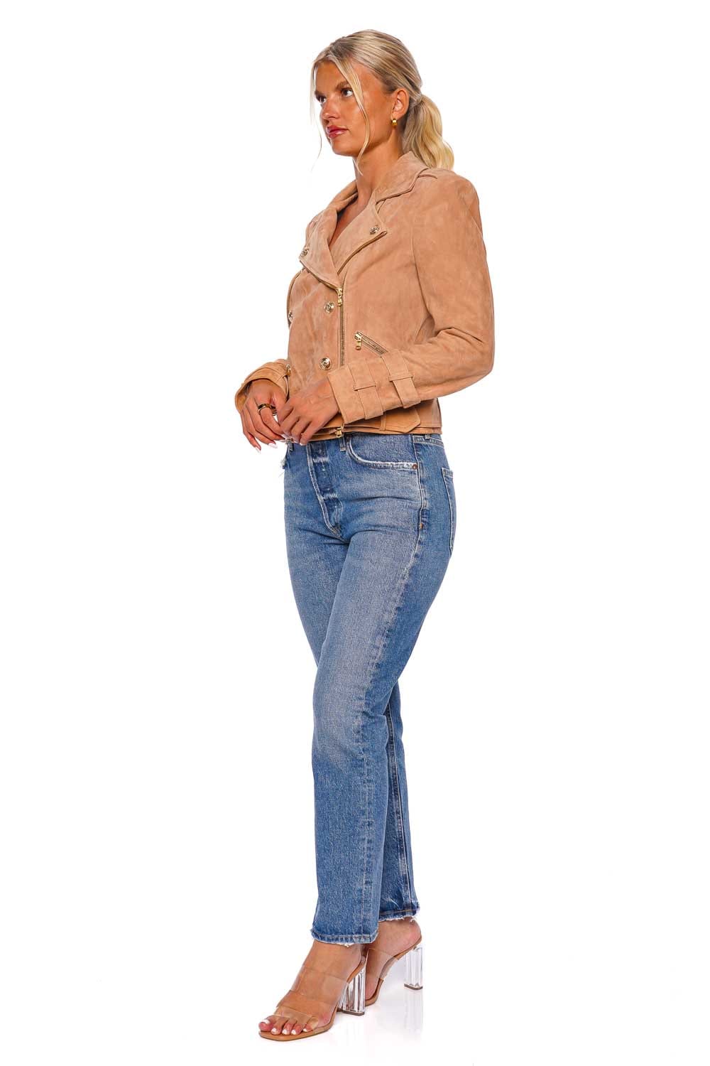 L'AGENCE Billie Cappuccino Suede Leather Belted Jacket