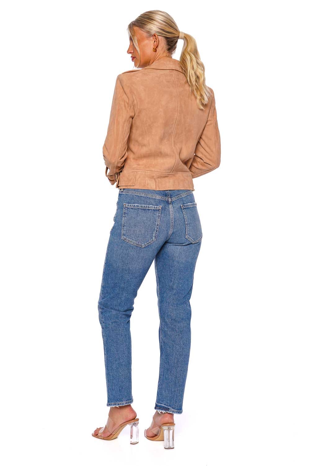 L'AGENCE Billie Cappuccino Suede Leather Belted Jacket