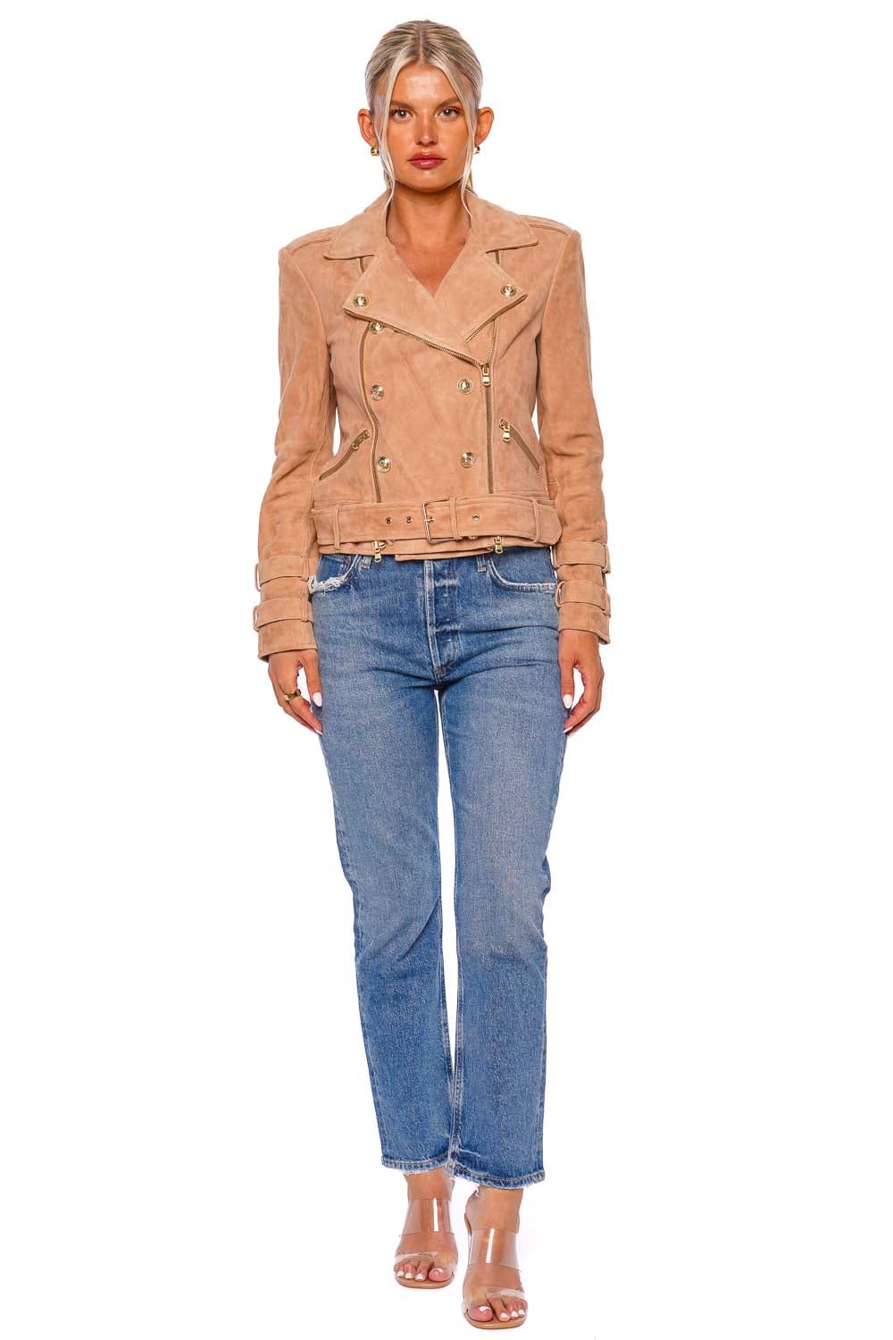 L'AGENCE Billie Cappuccino Suede Leather Belted Jacket