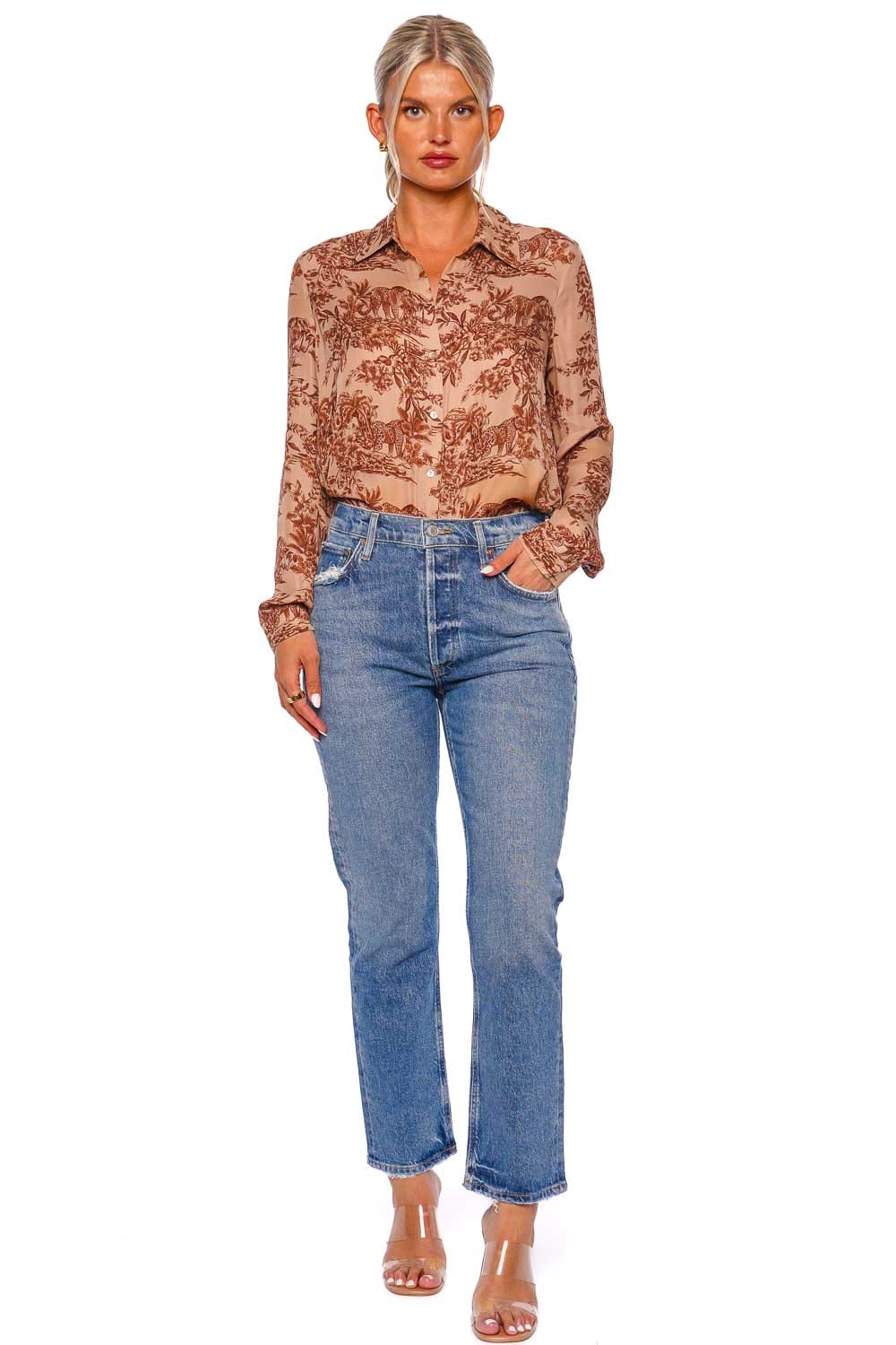 L'AGENCE Nina Printed Silk Button Down Blouse