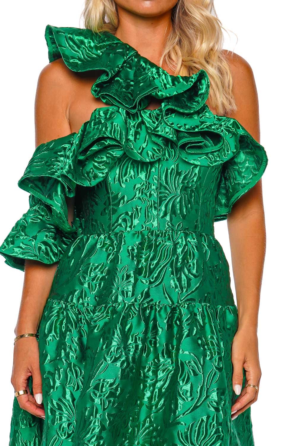 Ulla Johnson Cosima Emerald Ruffled One Shoulder Gown