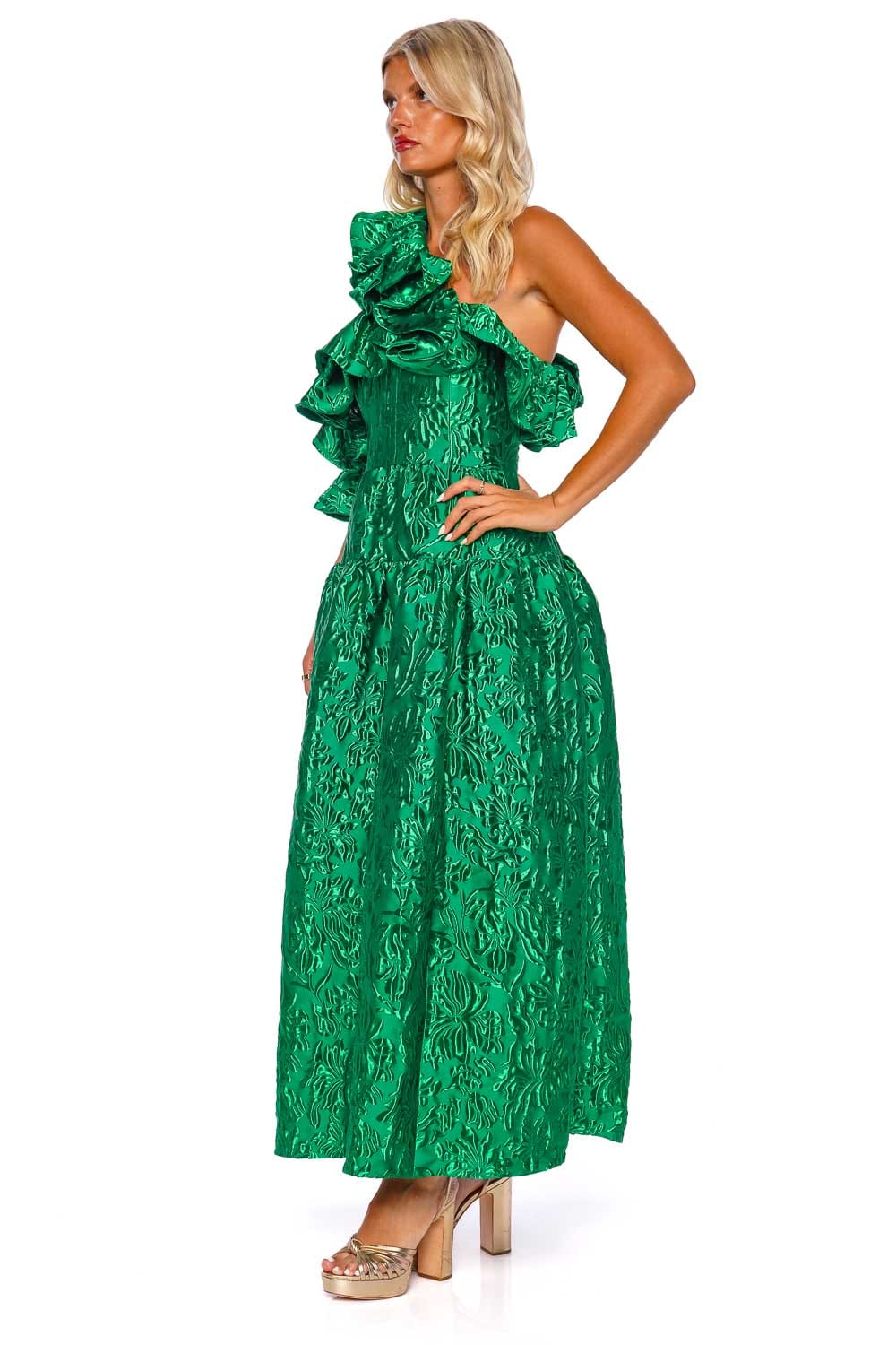 Ulla Johnson Cosima Emerald Ruffled One Shoulder Gown