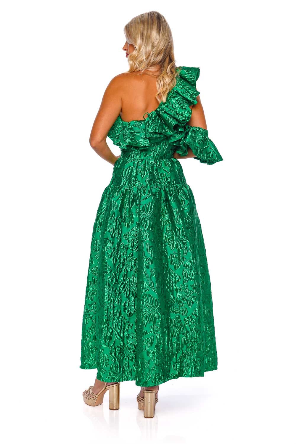 Ulla Johnson Cosima Emerald Ruffled One Shoulder Gown