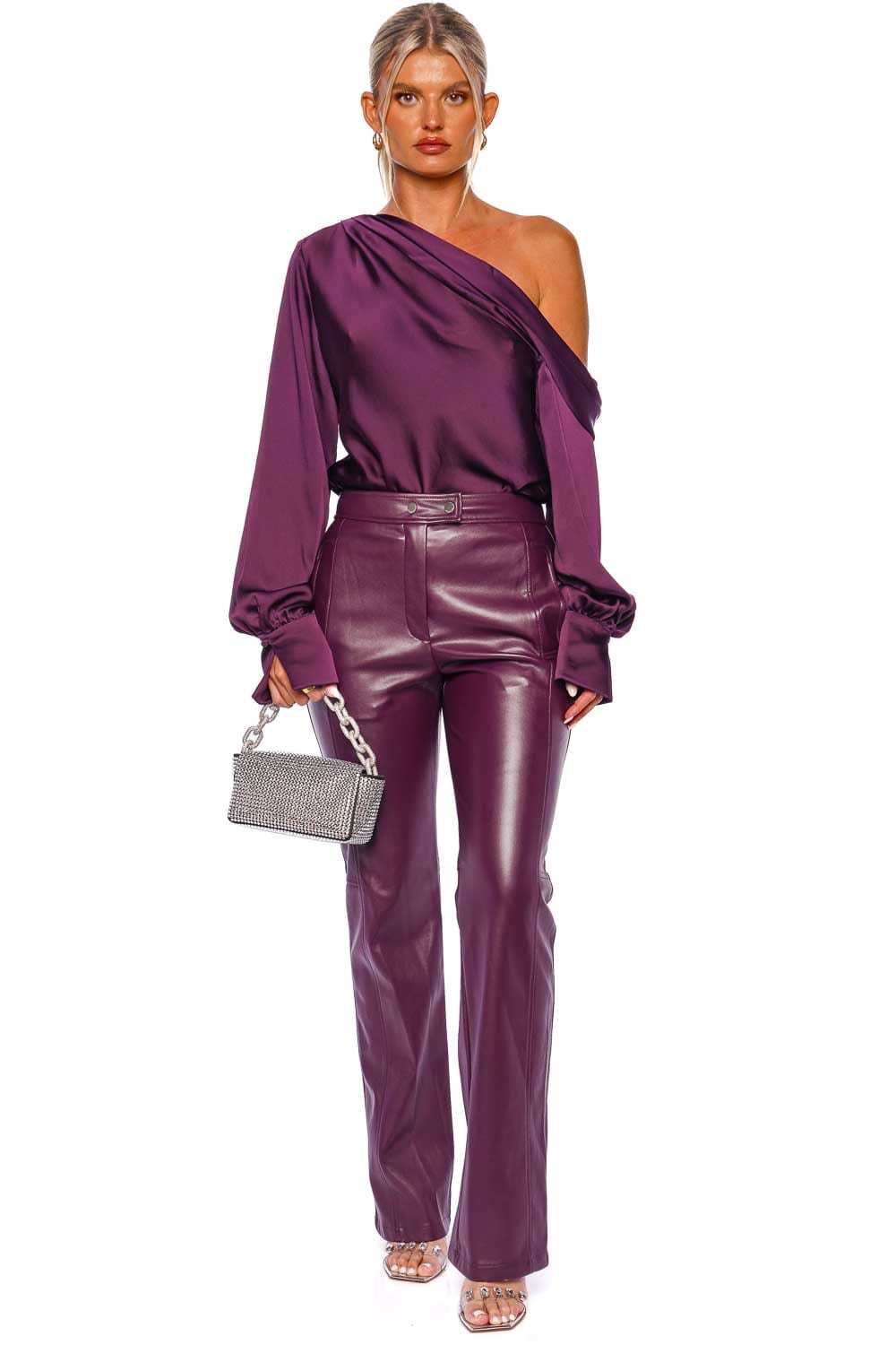 SIMKHAI Alice Plum One Shoulder Satin Top