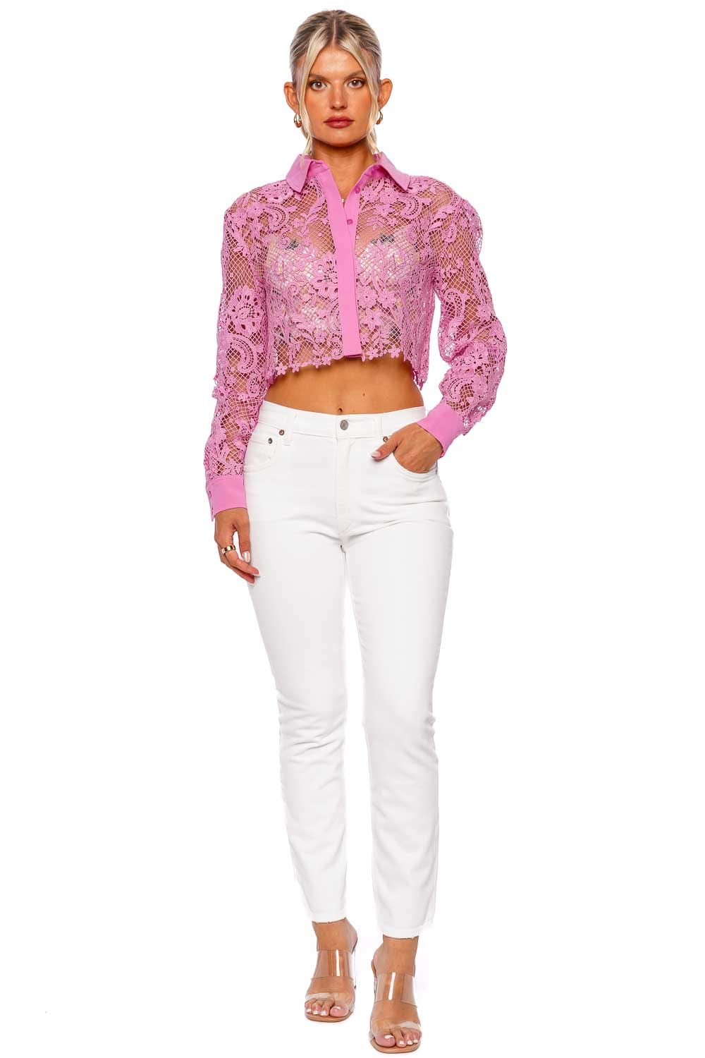 self-portrait Pink Lace Cropped Long Sleeve Shirt