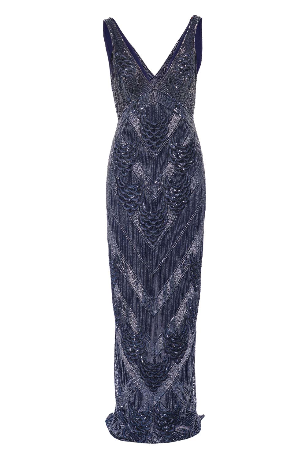 Naeem Khan Navy Petal Bead Embroidered V Neck Gown