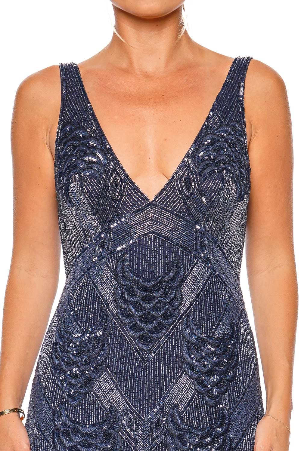 Naeem Khan PETAL EMBROIDERED SLEEVELESS V NECK GOWN F23-205G NAVY