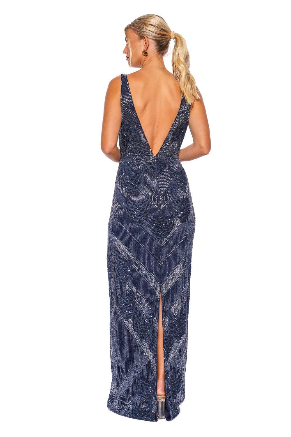 Naeem Khan PETAL EMBROIDERED SLEEVELESS V NECK GOWN F23-205G NAVY