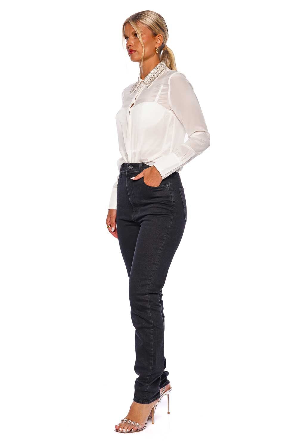 ALICE + OLIVIA Willa Embellished Silk Button Down Blouse