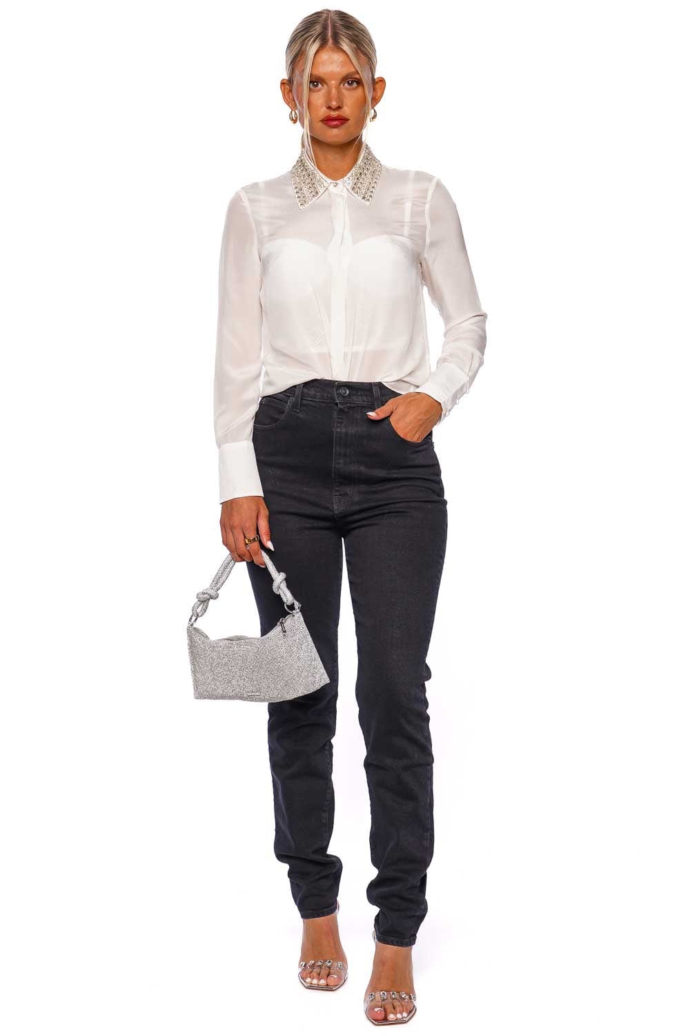 ALICE + OLIVIA Willa Embellished Silk Button Down Blouse