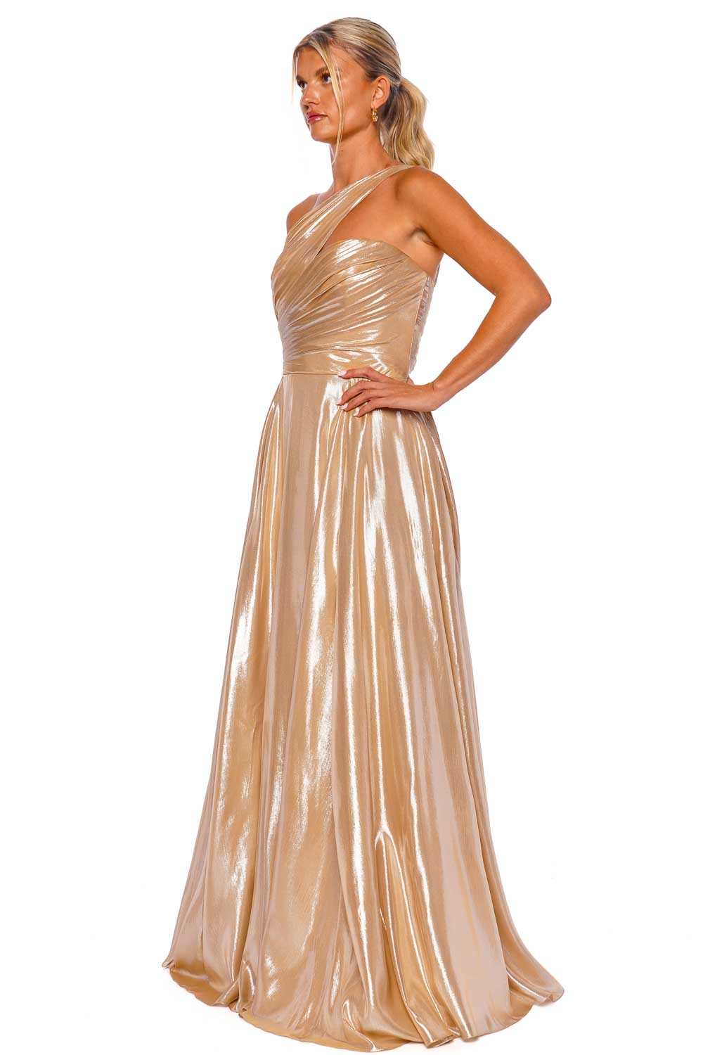 Romona Keveza Champagne One Shoulder Ruched Gown