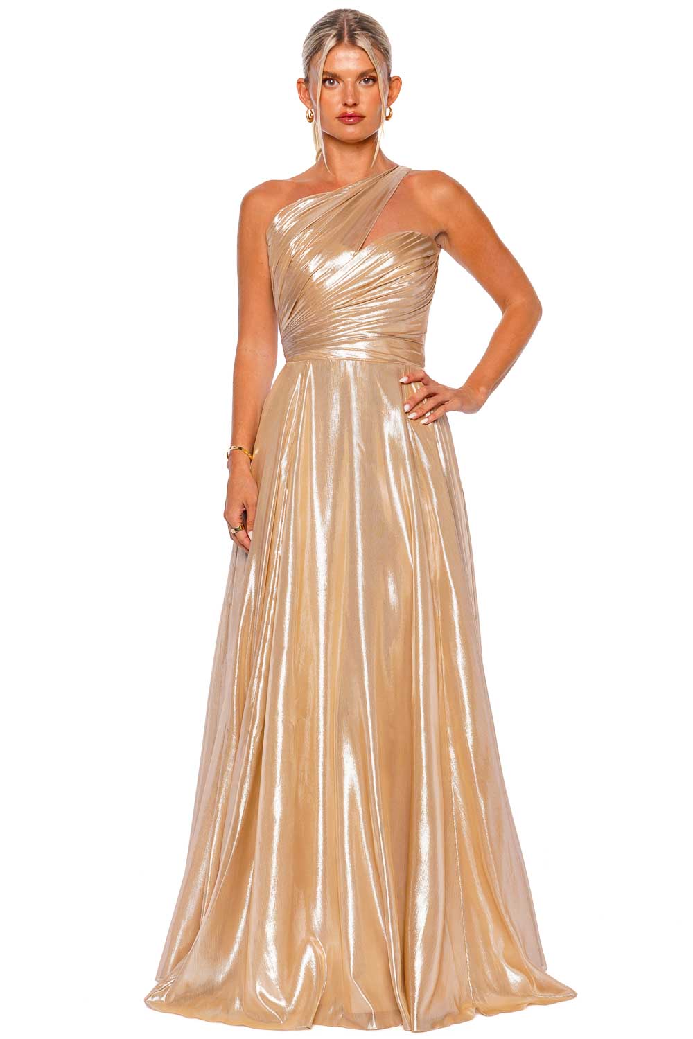 Romona Keveza Champagne One Shoulder Ruched Gown