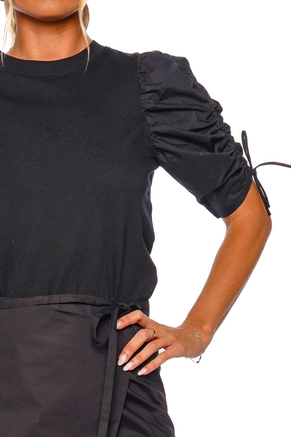 FRAME Ruched Tie Sleeve Noir Tee