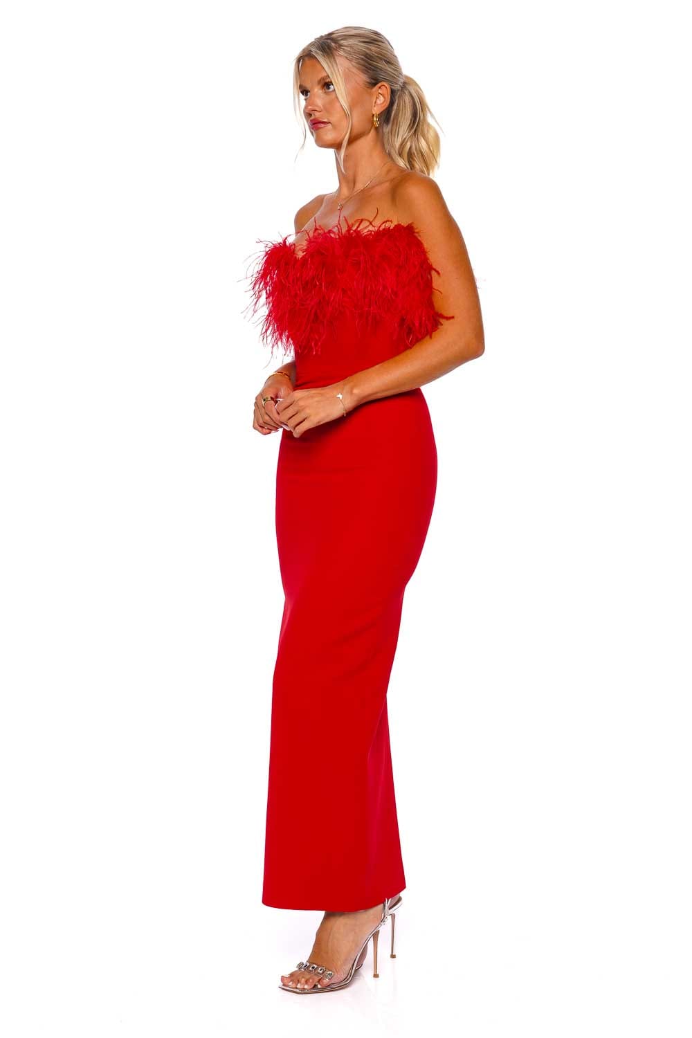 The New Arrivals by Ilkyaz Ozel Lena Strapless Ostrich Feather Midi Dress