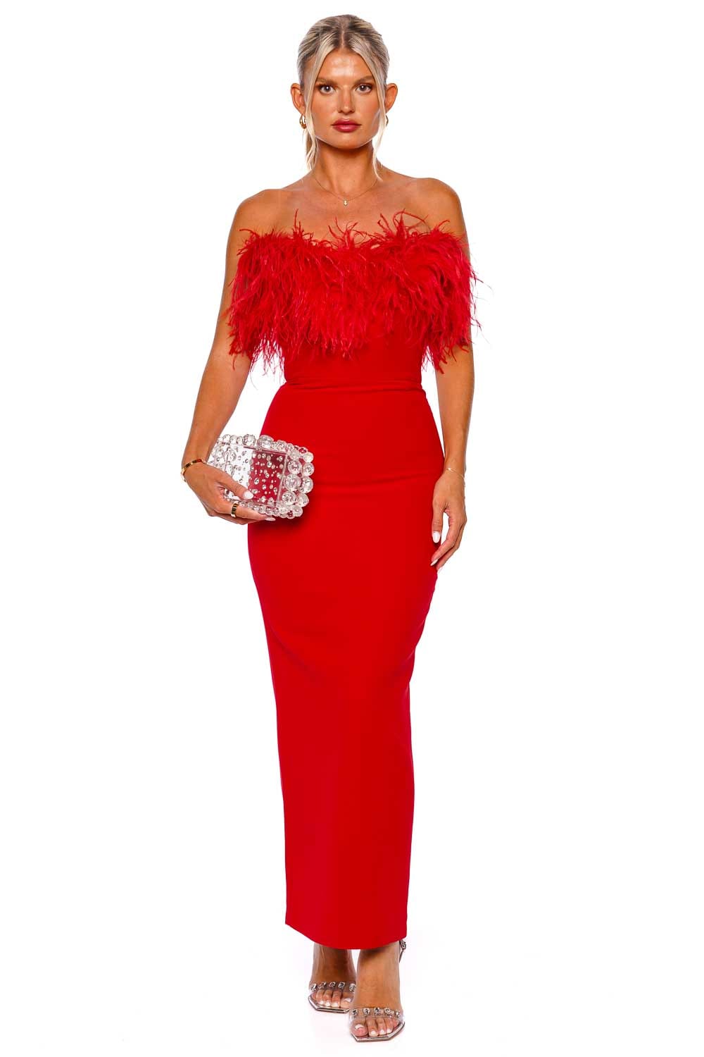 The New Arrivals by Ilkyaz Ozel Lena Strapless Ostrich Feather Midi Dress