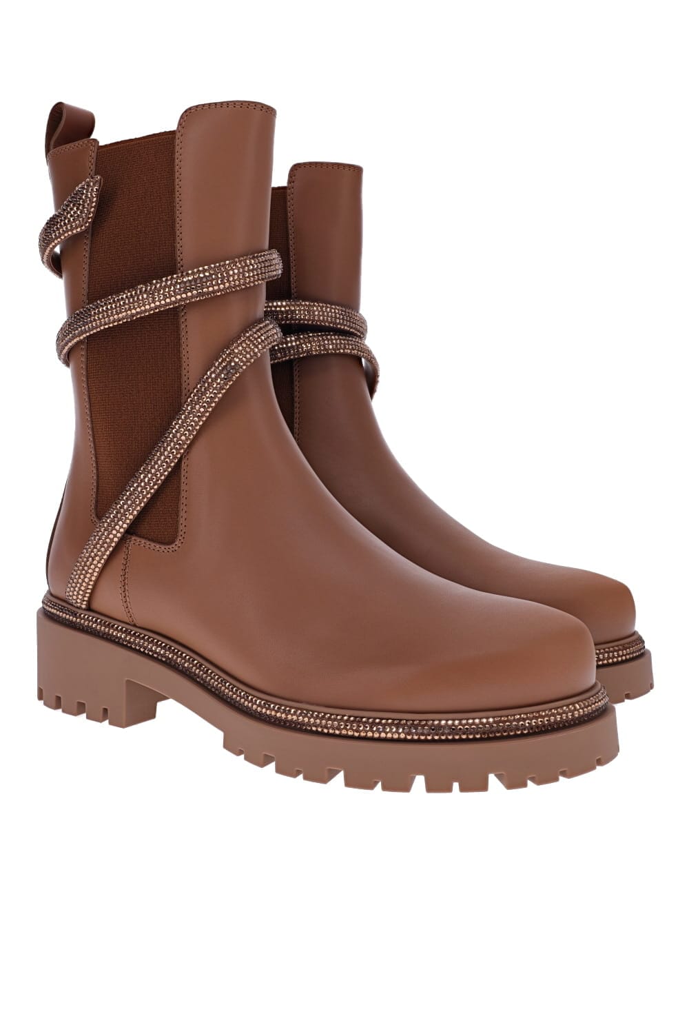 RENE CAOVILLA Crystal Ankle Wrap Brown Leather Biker Boots