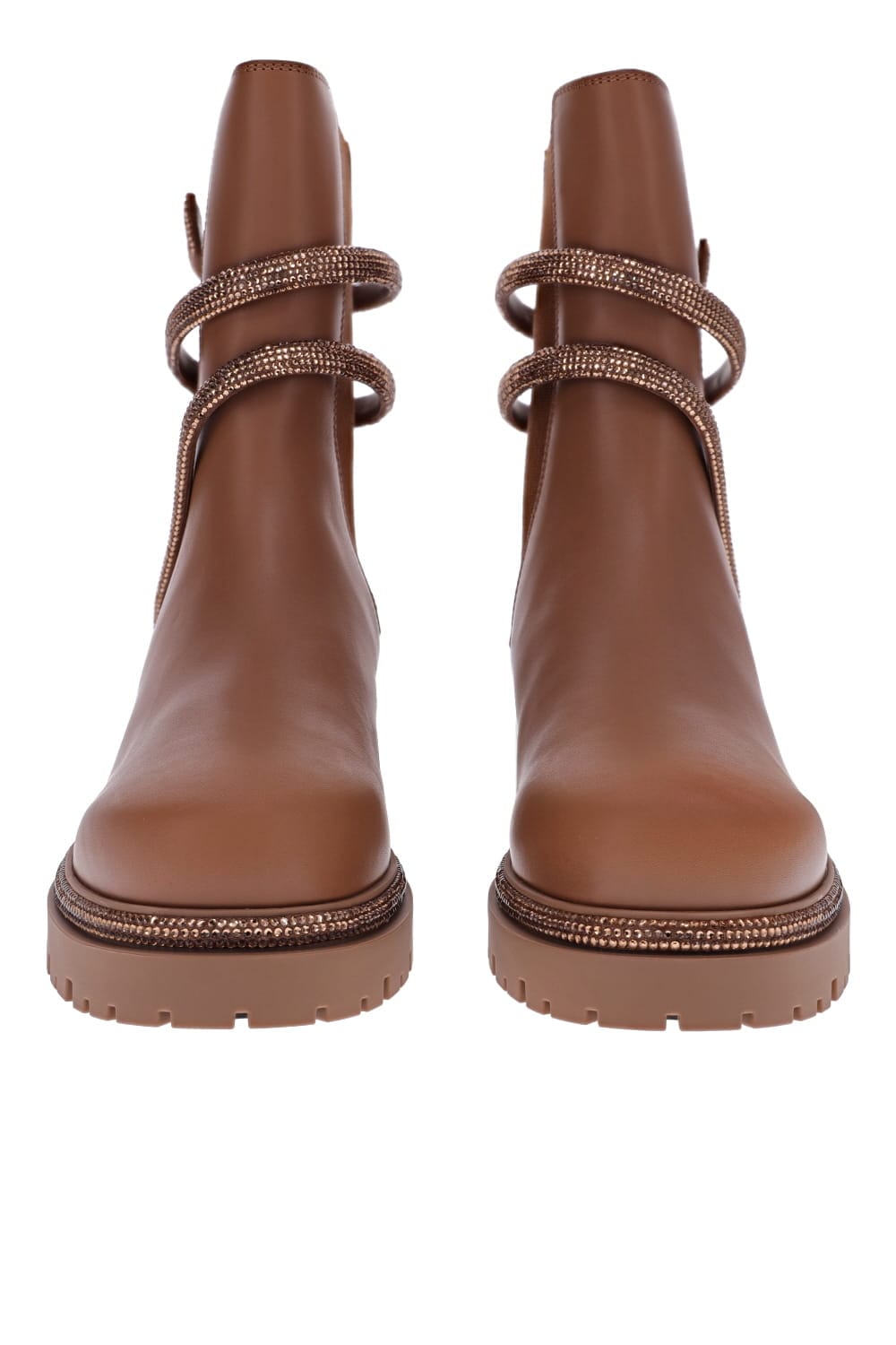 RENE CAOVILLA Crystal Ankle Wrap Brown Leather Biker Boots
